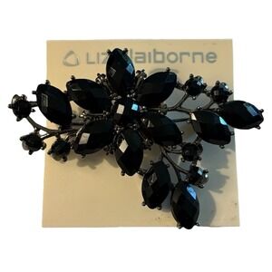Liz Claiborne Black Floral Brooch Pin Faceted Rhinestones Gun Metal Tone On Card